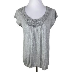 Ann Taylor Loft Gray‎ Marled Ruffle Neck Cap Sleeve Blouse Women's Large Petite